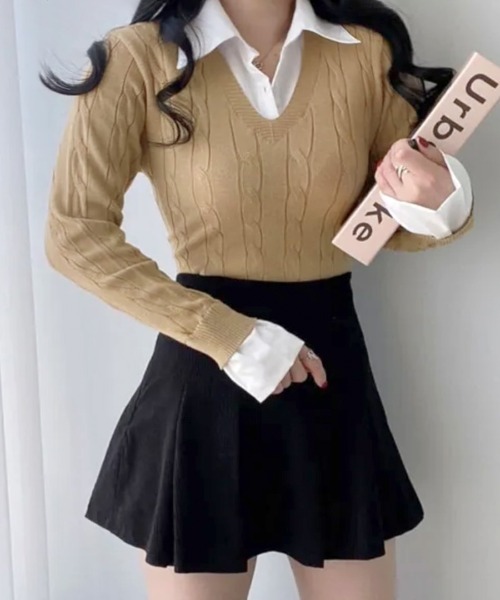 REMUR(レミュール)の「シャツレイヤード風ケーブルニット(ニット/セーター・レディース・ベージュ/グレー/ブラック・FREE)」の20枚目の写真