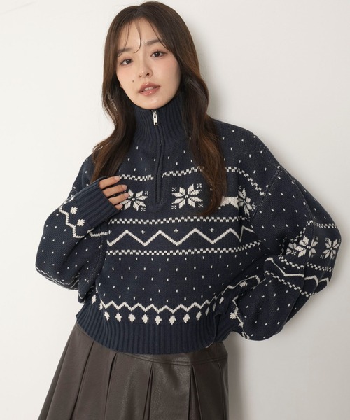 WEGO(ウィゴー)の「WEGO/ノルディック柄ハーフジップニット(ニット/セーター・レディース・レッド/ネイビー/アイボリー・FREE)」の2枚目の写真