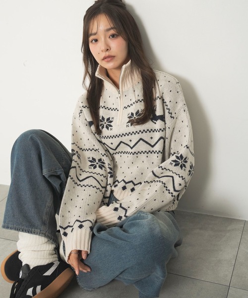 WEGO(ウィゴー)の「WEGO/ノルディック柄ハーフジップニット(ニット/セーター・レディース・レッド/ネイビー/アイボリー・FREE)」の1枚目の写真