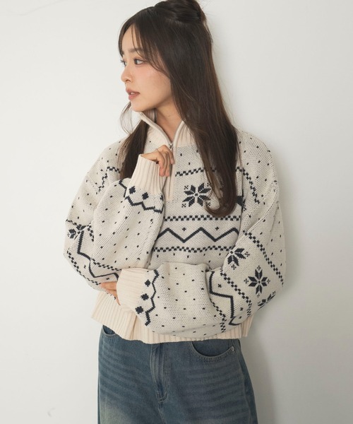 WEGO(ウィゴー)の「WEGO/ノルディック柄ハーフジップニット(ニット/セーター・レディース・レッド/ネイビー/アイボリー・FREE)」の12枚目の写真