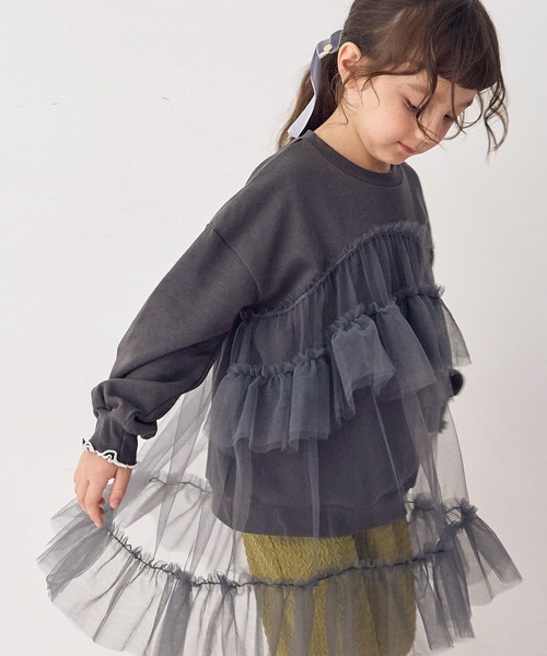 Piet（ピエット）の「チュールトレーナー チュニック（スウェット・キッズ・チャコール/ピンク/グレー・100/110/120/130）」の3枚目の写真