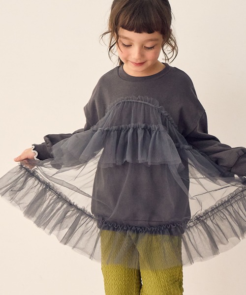 Piet（ピエット）の「チュールトレーナー チュニック（スウェット・キッズ・チャコール/ピンク/グレー・100/110/120/130）」の7枚目の写真