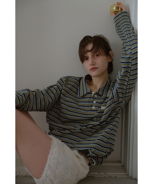 LETERIE（レテリー）の「STRIPE STRING COLLAR T-SHIRT_GREEN（ポロシャツ・レディース・グリーン・FREE）」の2枚目の写真
