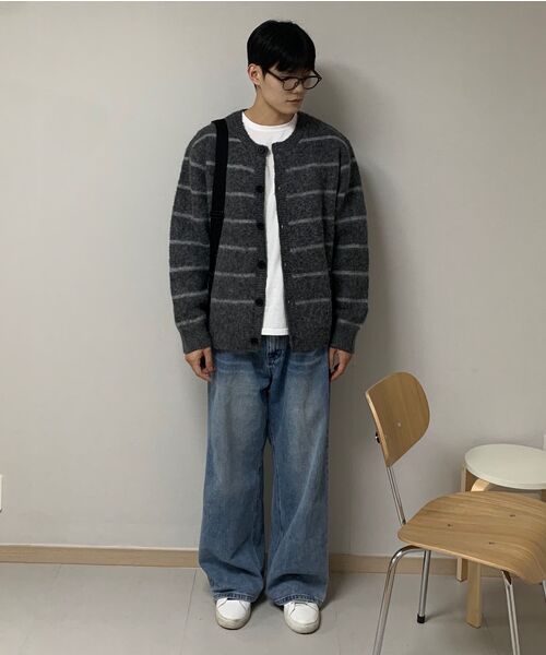TOFFEE(トフィー)の「ブラシストライプラウンドカーディガン (グレー)(カーディガン/ボレロ・メンズ・その他・MEDIUM/LARGE/X-LARGE)」の8枚目の写真
