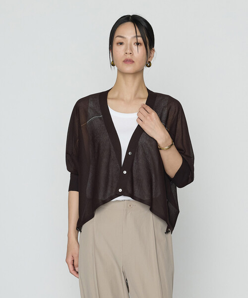 Gabardine K.T(ギャバジンケーティー)の「〔 +サイズ 〕 シャイニーシアーヤーン ドロストシアーショートカーデ(カーディガン/ボレロ・レディース・ダークブラウン・15号)」の1枚目の写真