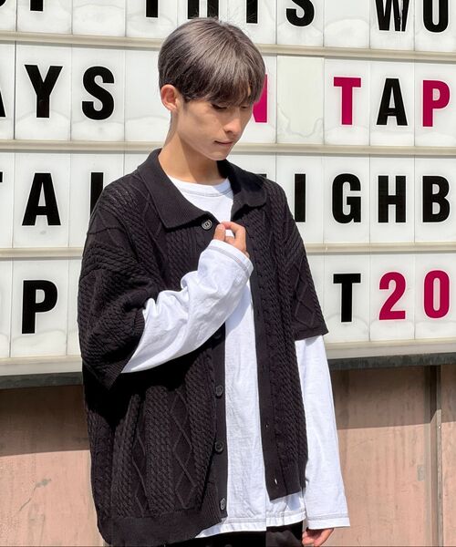 APOSTROPHE COMMA(アポストロフィコンマ)の「バーティカルダイヤ半袖カラーニットカーディガン_ブラック(カーディガン/ボレロ・メンズ・その他・SMALL/LARGE/MEDIUM)」の7枚目の写真