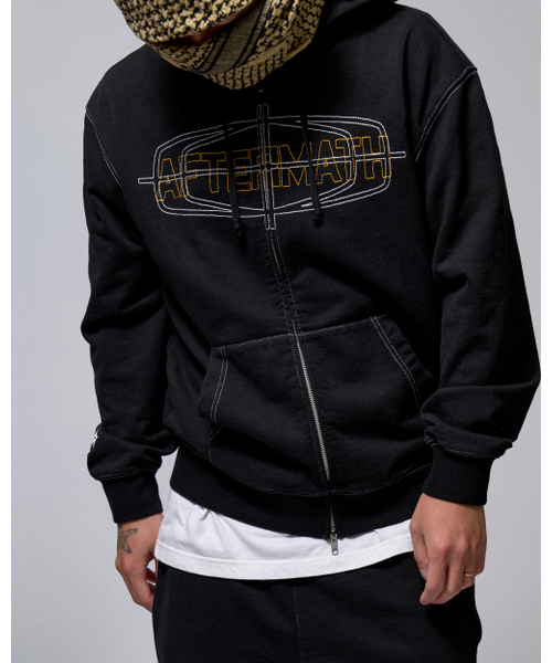 CONTRAST STITCH ZIP UP HOODIE (BLACK)（パーカー）｜AFTERMATH 