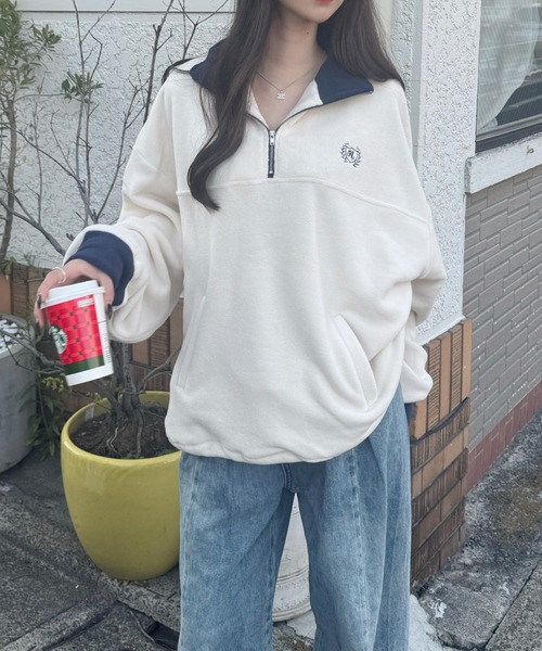 nemne store(ネンネストア)の「フリース配色アノラック(ブルゾン・レディース・チャコール/ネイビー/アイボリー・SMALL/MEDIUM)」の5枚目の写真