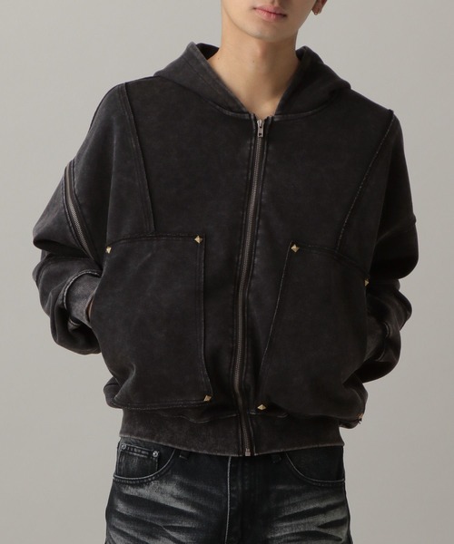 LAND MUSEUM（ランドミュージアム）の「【ベスト着用可能】LAND MUSEUM／カットオフリベットジップ（パーカー・メンズ・ブラック/グレー・LARGE/MEDIUM）」の2枚目の写真