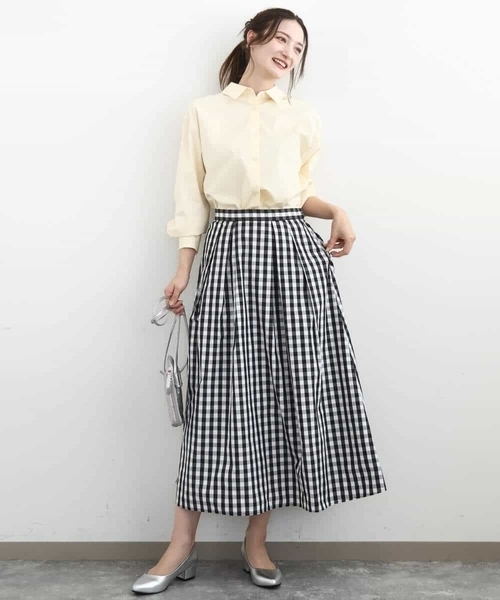 MK MICHEL KLEIN（エムケーミッシェルクラン）の「タックフレアスカート（ギンガムチェック）/洗える（スカート・レディース・ブラック・38）」の4枚目の写真
