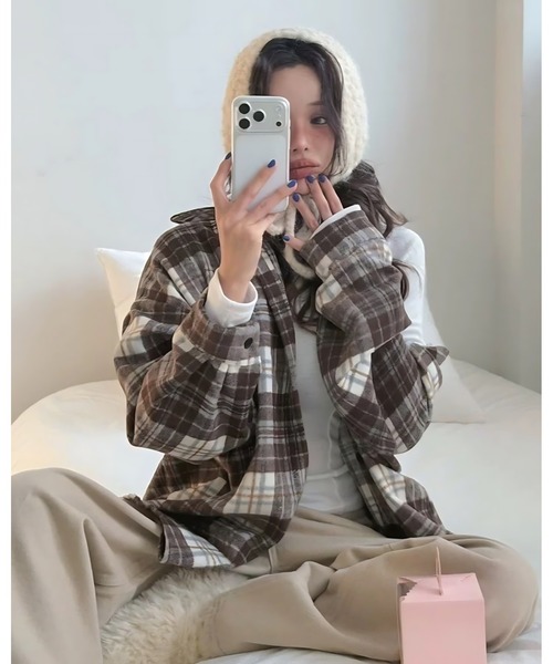 CANVAS+(キャンバスプラス)の「【CANVAS+】起毛チェックシャツ(シャツ/ブラウス・レディース・モカ/ブラック/ワインレッド/ブルー・M)」の2枚目の写真