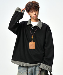 neos | 【neos】ポロシャツ メンズ フェイクレイヤード チェック スキッパー ルーズシルエット 長袖 オーバーサイズ(Tシャツ/カットソー)