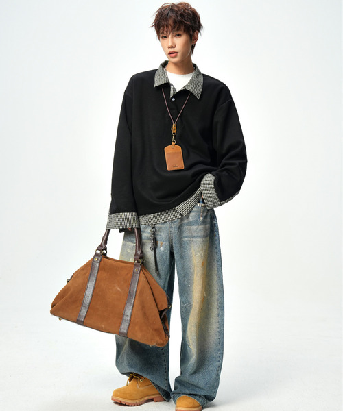 neos(ネオス)の「【neos】ポロシャツ メンズ フェイクレイヤード チェック スキッパー ルーズシルエット 長袖 オーバーサイズ(Tシャツ/カットソー・メンズ・ブラック/ホワイト・X-LARGE/LARGE/MEDIUM)」の4枚目の写真