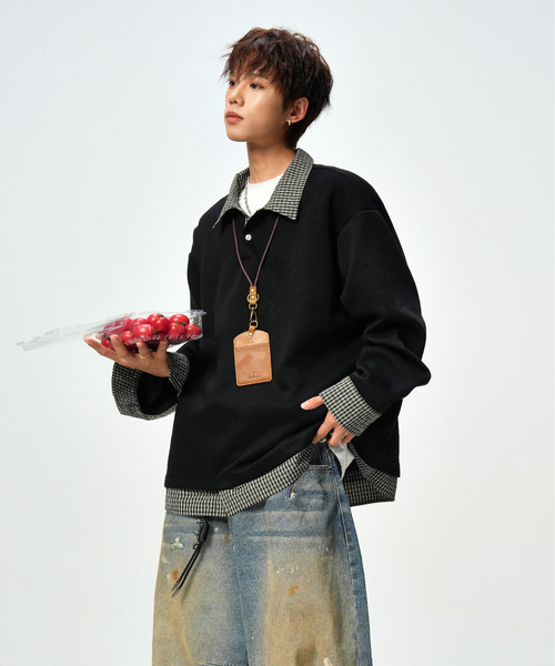 neos(ネオス)の「【neos】ポロシャツ メンズ フェイクレイヤード チェック スキッパー ルーズシルエット 長袖 オーバーサイズ(Tシャツ/カットソー・メンズ・ブラック/ホワイト・X-LARGE/LARGE/MEDIUM)」の5枚目の写真