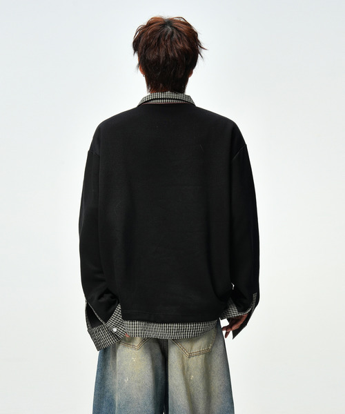 neos(ネオス)の「【neos】ポロシャツ メンズ フェイクレイヤード チェック スキッパー ルーズシルエット 長袖 オーバーサイズ(Tシャツ/カットソー・メンズ・ブラック/ホワイト・X-LARGE/LARGE/MEDIUM)」の6枚目の写真