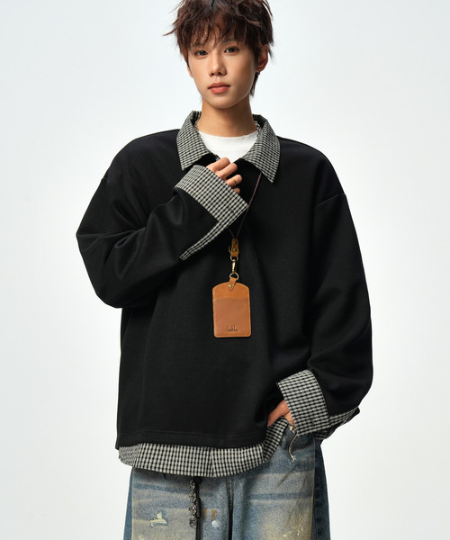 neos(ネオス)の「【neos】ポロシャツ メンズ フェイクレイヤード チェック スキッパー ルーズシルエット 長袖 オーバーサイズ(Tシャツ/カットソー・メンズ・ブラック/ホワイト・X-LARGE/LARGE/MEDIUM)」の9枚目の写真