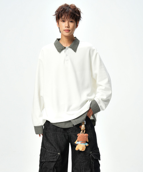 neos(ネオス)の「【neos】ポロシャツ メンズ フェイクレイヤード チェック スキッパー ルーズシルエット 長袖 オーバーサイズ(Tシャツ/カットソー・メンズ・ブラック/ホワイト・X-LARGE/LARGE/MEDIUM)」の10枚目の写真