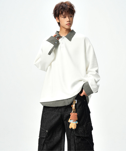 neos(ネオス)の「【neos】ポロシャツ メンズ フェイクレイヤード チェック スキッパー ルーズシルエット 長袖 オーバーサイズ(Tシャツ/カットソー・メンズ・ブラック/ホワイト・X-LARGE/LARGE/MEDIUM)」の11枚目の写真