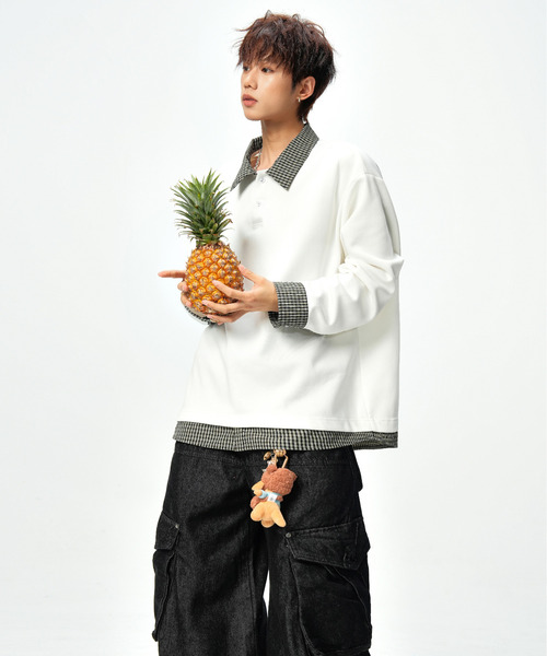 neos(ネオス)の「【neos】ポロシャツ メンズ フェイクレイヤード チェック スキッパー ルーズシルエット 長袖 オーバーサイズ(Tシャツ/カットソー・メンズ・ブラック/ホワイト・X-LARGE/LARGE/MEDIUM)」の12枚目の写真