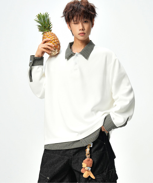 neos(ネオス)の「【neos】ポロシャツ メンズ フェイクレイヤード チェック スキッパー ルーズシルエット 長袖 オーバーサイズ(Tシャツ/カットソー・メンズ・ブラック/ホワイト・X-LARGE/LARGE/MEDIUM)」の13枚目の写真