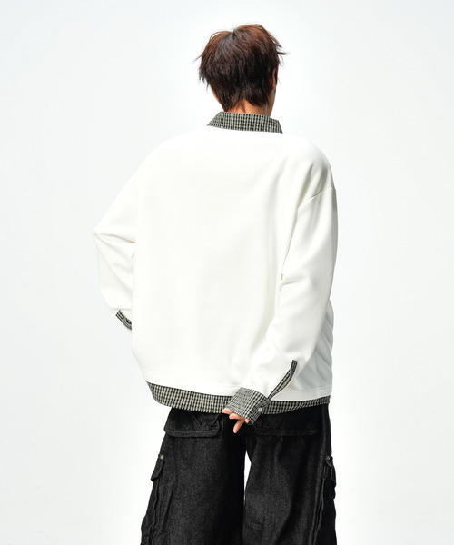 neos(ネオス)の「【neos】ポロシャツ メンズ フェイクレイヤード チェック スキッパー ルーズシルエット 長袖 オーバーサイズ(Tシャツ/カットソー・メンズ・ブラック/ホワイト・X-LARGE/LARGE/MEDIUM)」の14枚目の写真