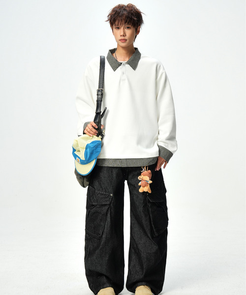 neos(ネオス)の「【neos】ポロシャツ メンズ フェイクレイヤード チェック スキッパー ルーズシルエット 長袖 オーバーサイズ(Tシャツ/カットソー・メンズ・ブラック/ホワイト・X-LARGE/LARGE/MEDIUM)」の15枚目の写真