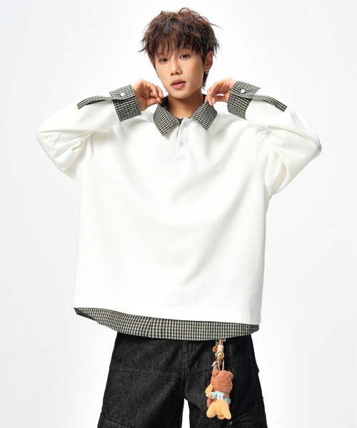 neos(ネオス)の「【neos】ポロシャツ メンズ フェイクレイヤード チェック スキッパー ルーズシルエット 長袖 オーバーサイズ(Tシャツ/カットソー・メンズ・ブラック/ホワイト・X-LARGE/LARGE/MEDIUM)」の16枚目の写真