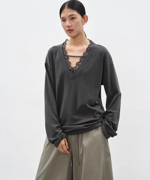 EIGHTHMONTH(エイスマンス)の「Vネックレーストップス EM26s023【EIGHTHMONTH】(Tシャツ/カットソー・レディース・グレー/ブラック・S/M)」の7枚目の写真