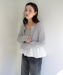 Kastane（カスタネ）の「【WEB先行/ボーダー&無地】バルーンキャミカーデSET（カーディガン/ボレロ）」