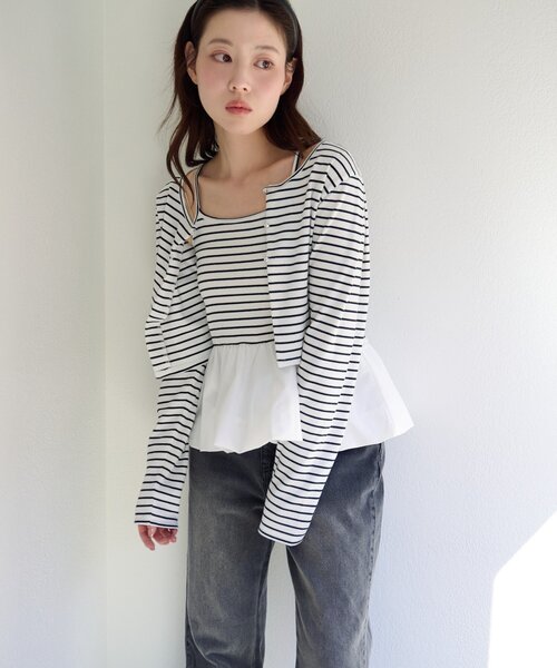 Kastane（カスタネ）の「【ボーダー&無地】バルーンキャミカーデSET（カーディガン/ボレロ・レディース・ブラック/グレー/ネイビー/アイボリー・FREE）」の12枚目の写真