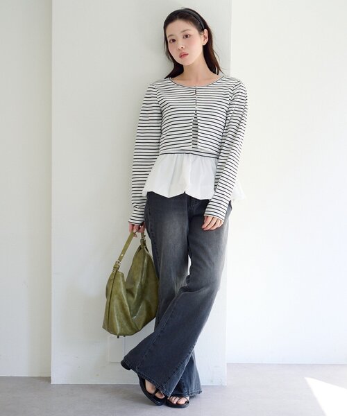 Kastane（カスタネ）の「【ボーダー&無地】バルーンキャミカーデSET（カーディガン/ボレロ・レディース・ブラック/グレー/ネイビー/アイボリー・FREE）」の16枚目の写真