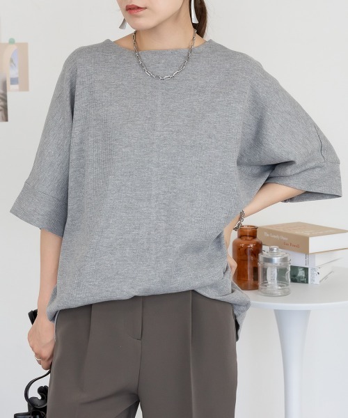 aity(アイティ)の「M-5L コットンワッフル 7分袖ドルマンTシャツ 夏服(Tシャツ/カットソー・レディース・ホワイト/パープル/ネイビー/ブラック/杢グレー/チャコールグレー・M~L/4L~5L/LL~3L)」の5枚目の写真