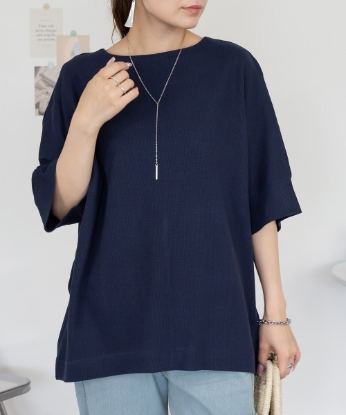 aity(アイティ)の「M-5L コットンワッフル 7分袖ドルマンTシャツ 夏服(Tシャツ/カットソー・レディース・ホワイト/パープル/ネイビー/ブラック/杢グレー/チャコールグレー・M~L/4L~5L/LL~3L)」の6枚目の写真