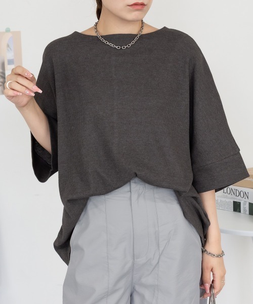 aity(アイティ)の「M-5L コットンワッフル 7分袖ドルマンTシャツ 夏服(Tシャツ/カットソー・レディース・ホワイト/パープル/ネイビー/ブラック/杢グレー/チャコールグレー・M~L/4L~5L/LL~3L)」の4枚目の写真