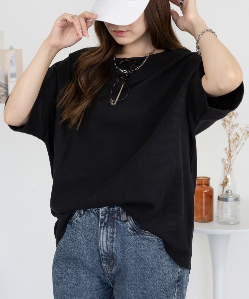 aity(アイティ)の「M-5L コットンワッフル 7分袖ドルマンTシャツ 夏服(Tシャツ/カットソー・レディース・ホワイト/パープル/ネイビー/ブラック/杢グレー/チャコールグレー・M~L/4L~5L/LL~3L)」の3枚目の写真