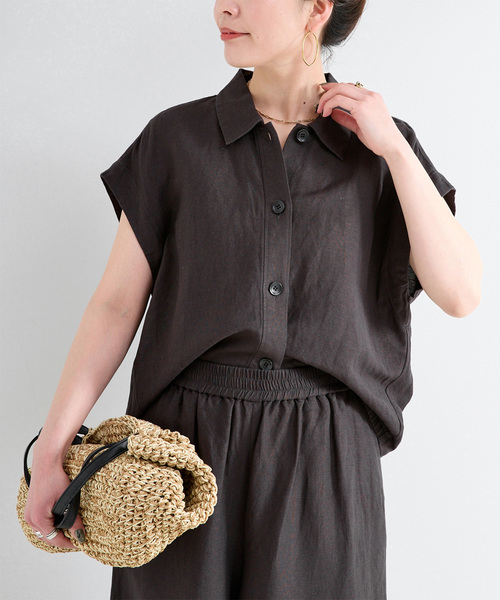 手洗い可 / リネンレーヨン前開きシャツカラーブラウス（シャツ