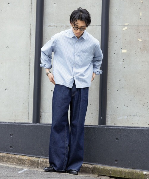 RAGEBLUE(レイジブルー)の「Cropped Check Shirt/ミニチェック柄クロップドシャツ(シャツ/ブラウス・メンズ・ネイビー/ライトブルー・LARGE/MEDIUM)」の4枚目の写真