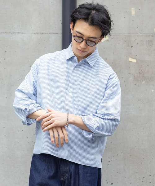 RAGEBLUE(レイジブルー)の「Cropped Check Shirt/ミニチェック柄クロップドシャツ(シャツ/ブラウス・メンズ・ネイビー/ライトブルー・LARGE/MEDIUM)」の6枚目の写真