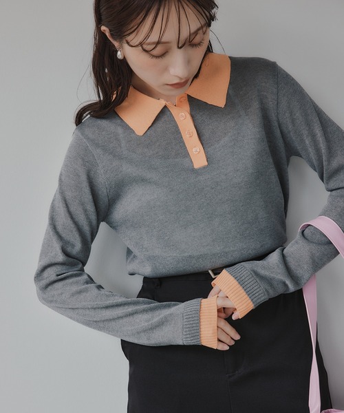 210nouve（トゥージュヌーブ）の「リネンタッチ ポロ襟 配色 ニット プルオーバー（ニット/セーター・レディース・ブラック/アイボリー/グレー/ピンク・FREE）」の4枚目の写真
