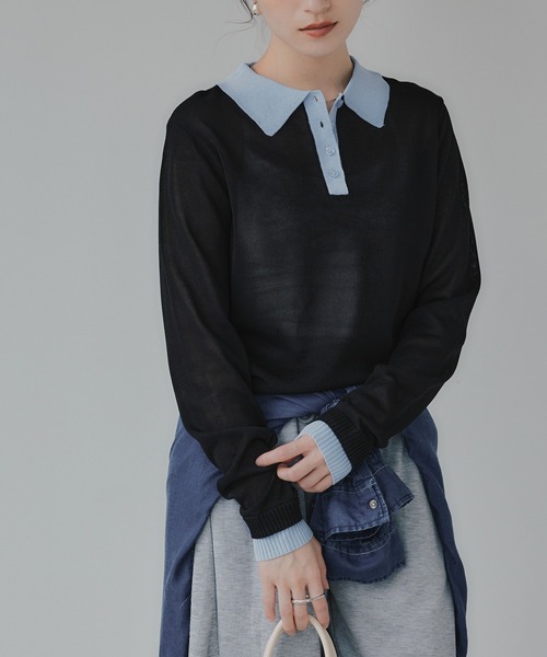 210nouve（トゥージュヌーブ）の「リネンタッチ ポロ襟 配色 ニット プルオーバー（ニット/セーター・レディース・ブラック/アイボリー/グレー/ピンク・FREE）」の3枚目の写真