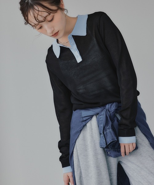 210nouve（トゥージュヌーブ）の「リネンタッチ ポロ襟 配色 ニット プルオーバー（ニット/セーター・レディース・ブラック/アイボリー/グレー/ピンク・FREE）」の20枚目の写真