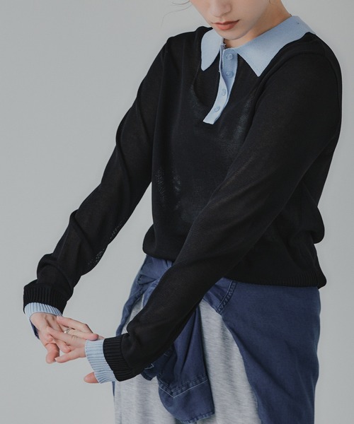 210nouve（トゥージュヌーブ）の「リネンタッチ ポロ襟 配色 ニット プルオーバー（ニット/セーター・レディース・ブラック/アイボリー/グレー/ピンク・FREE）」の22枚目の写真