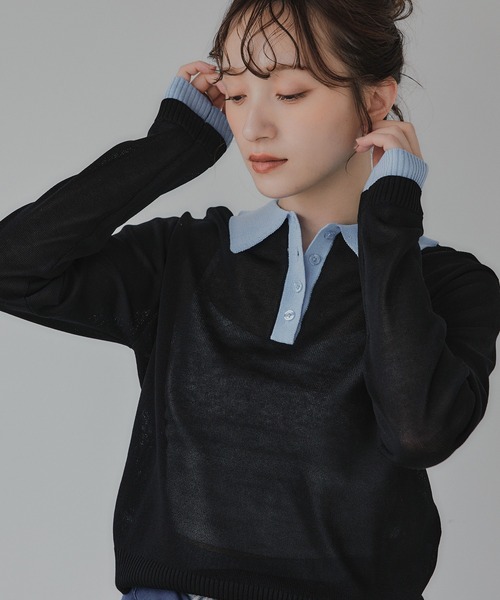 210nouve（トゥージュヌーブ）の「リネンタッチ ポロ襟 配色 ニット プルオーバー（ニット/セーター・レディース・ブラック/アイボリー/グレー/ピンク・FREE）」の21枚目の写真