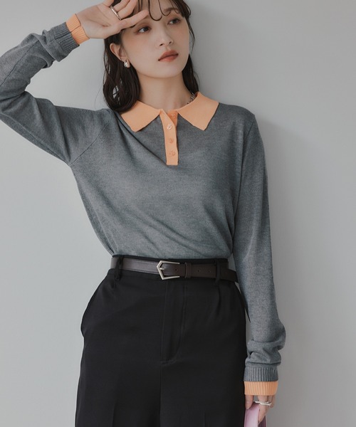 210nouve（トゥージュヌーブ）の「リネンタッチ ポロ襟 配色 ニット プルオーバー（ニット/セーター・レディース・ブラック/アイボリー/グレー/ピンク・FREE）」の19枚目の写真