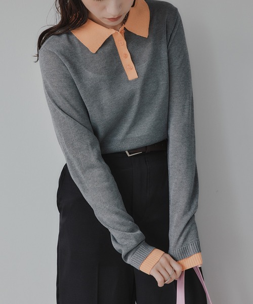 210nouve（トゥージュヌーブ）の「リネンタッチ ポロ襟 配色 ニット プルオーバー（ニット/セーター・レディース・ブラック/アイボリー/グレー/ピンク・FREE）」の17枚目の写真