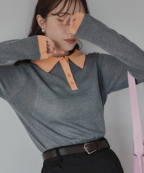 210nouve（トゥージュヌーブ）の「リネンタッチ ポロ襟 配色 ニット プルオーバー（ニット/セーター・レディース・ブラック/アイボリー/グレー/ピンク・FREE）」の16枚目の写真