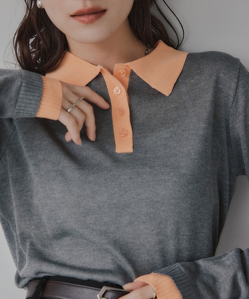 210nouve（トゥージュヌーブ）の「リネンタッチ ポロ襟 配色 ニット プルオーバー（ニット/セーター・レディース・ブラック/アイボリー/グレー/ピンク・FREE）」の18枚目の写真