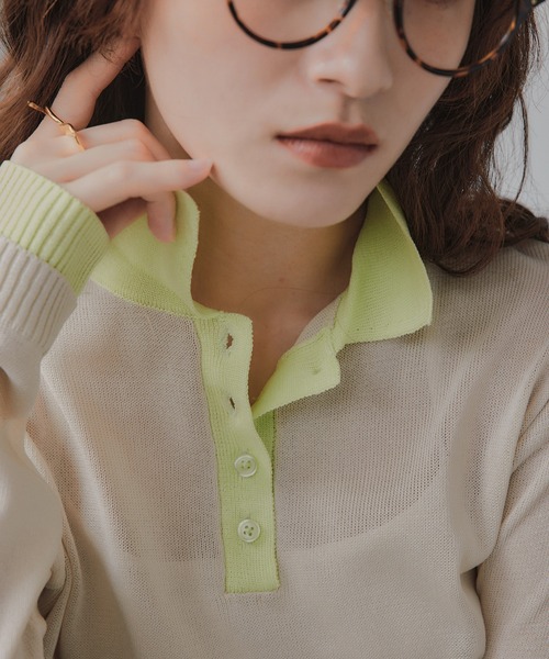 210nouve（トゥージュヌーブ）の「リネンタッチ ポロ襟 配色 ニット プルオーバー（ニット/セーター・レディース・ブラック/アイボリー/グレー/ピンク・FREE）」の14枚目の写真