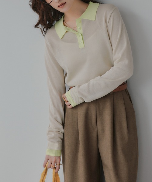 210nouve（トゥージュヌーブ）の「リネンタッチ ポロ襟 配色 ニット プルオーバー（ニット/セーター・レディース・ブラック/アイボリー/グレー/ピンク・FREE）」の11枚目の写真