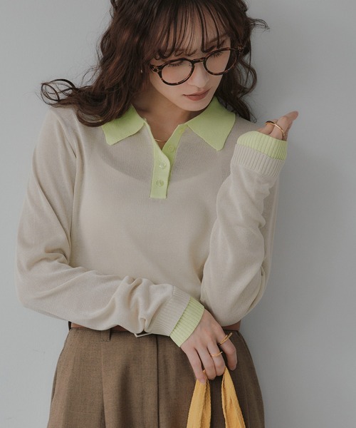 210nouve（トゥージュヌーブ）の「リネンタッチ ポロ襟 配色 ニット プルオーバー（ニット/セーター・レディース・ブラック/アイボリー/グレー/ピンク・FREE）」の13枚目の写真